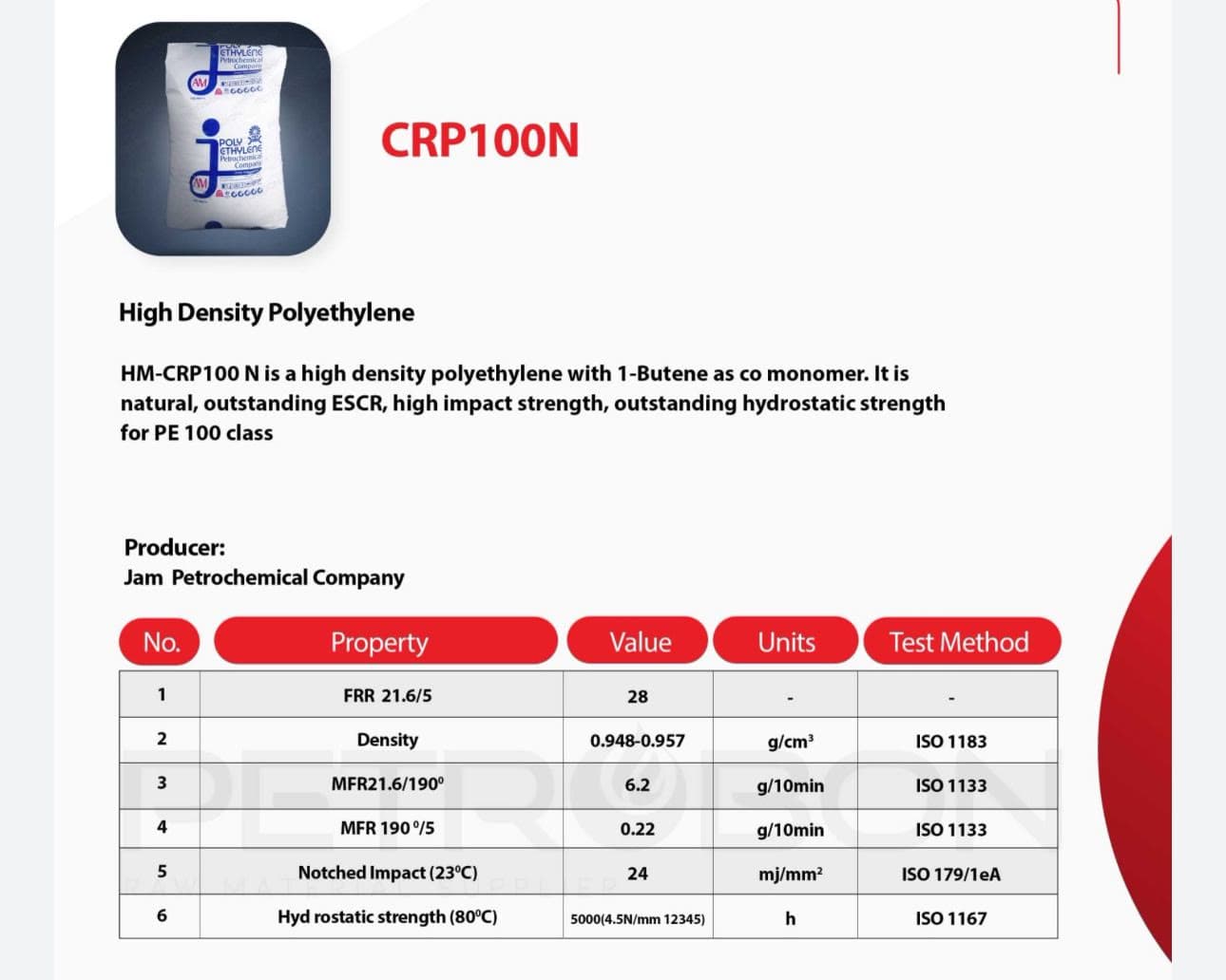 Техническая информация о продукте CRP100N — трубный полиэтилен PE100 производства Jam Petrochemical Company