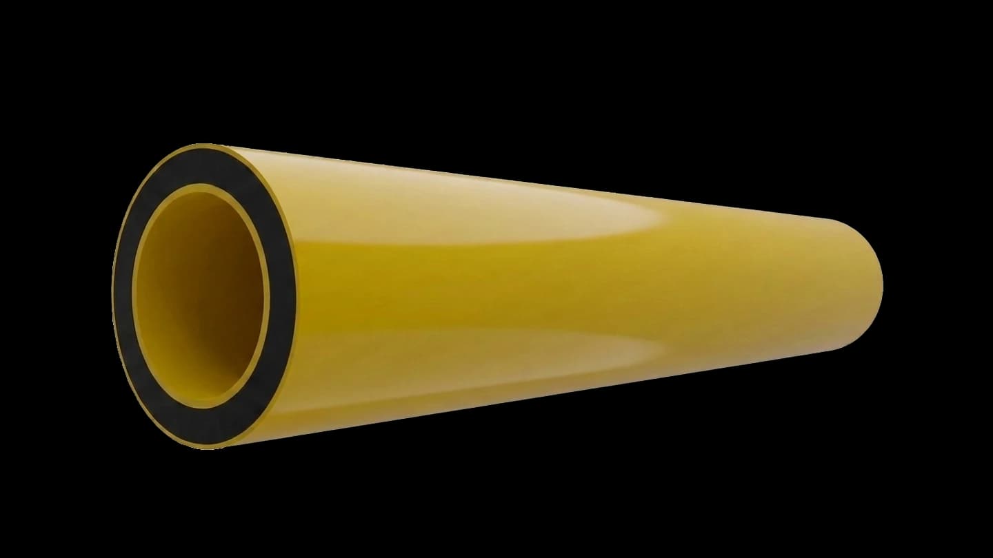 Соэкструзионная трёхслойная, для газа — жёлтая оболочка · чёрный PE100 · жёлтый внутренний слой